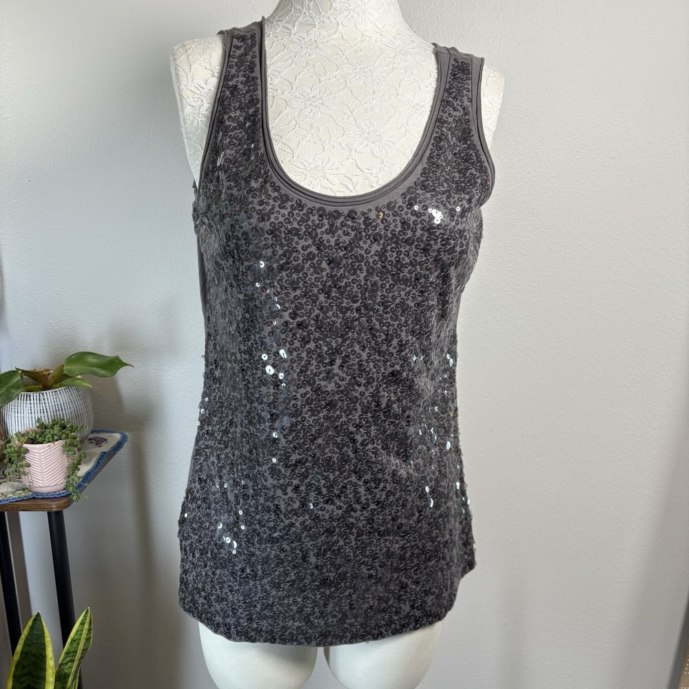 Garnet Hill Women L Gray Tank Top Party Glam Sequin Cotton Modal